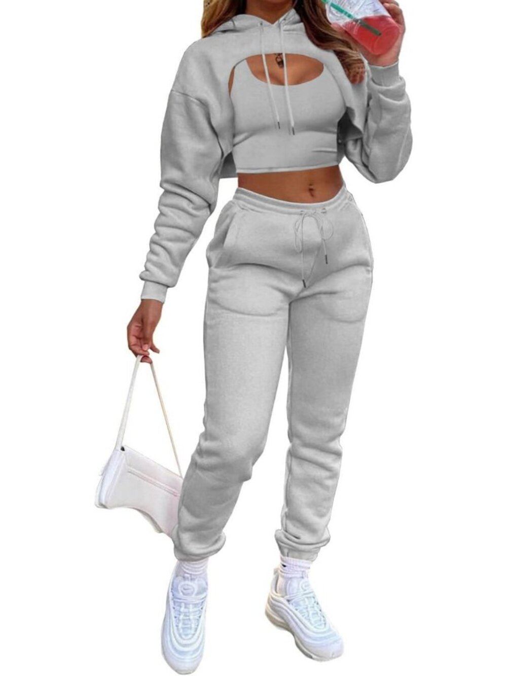 Chic 3-Piece Women's Set: Long Sleeve Crop Hoodie, Tank & Jogger Pants Outfit